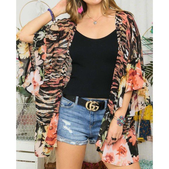 Floral & Zebra Kimono with Ruffle Sleeve & Hem - Picture 6 of 6
